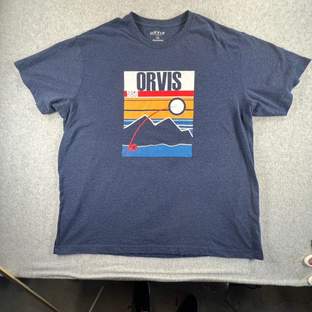 Orvis Mens XXL Blue Heather Fly Fishing Graphic T-Shirt Mountain Sunset Logo Tee